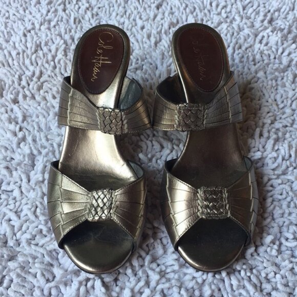 Cole Haan Shoe Gold Leather Slip On Woven Detail Peep Toe Wedges - Picture 1 of 6